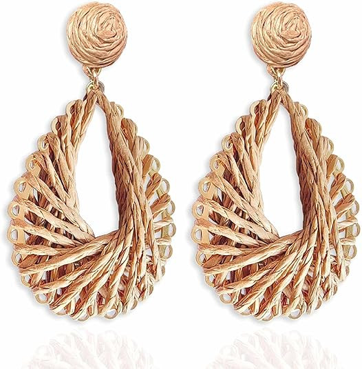 Fiklon Boho Rattan Drop Earrings Women Raffia Teardrop Earrings Dangle Handmade Hot Pink Summer E... | Amazon (US)