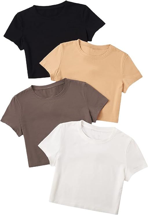 SheIn Women's 4 Pieces Round Neck Short Sleeve Crop T Shirt Solid Slim Casual Tee Top | Amazon (US)