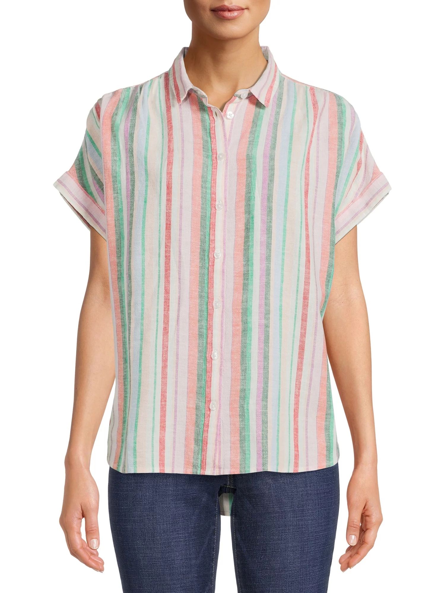 Time And Tru Women's Short Sleeve Roll Cuff Shirt | Walmart (US)