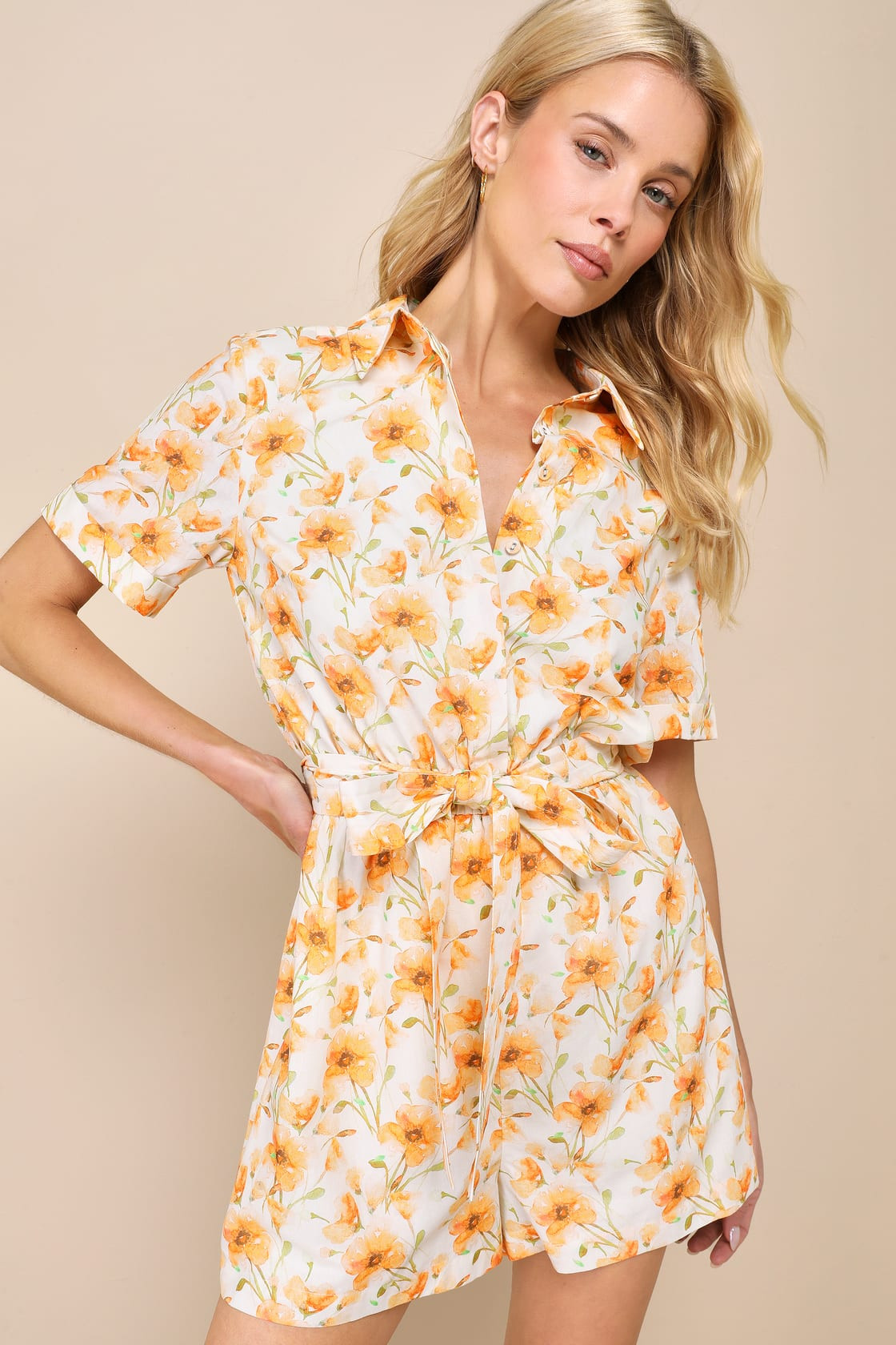 Fresh Sunshine Ivory Floral Collared Short Sleeve Romper | Lulus
