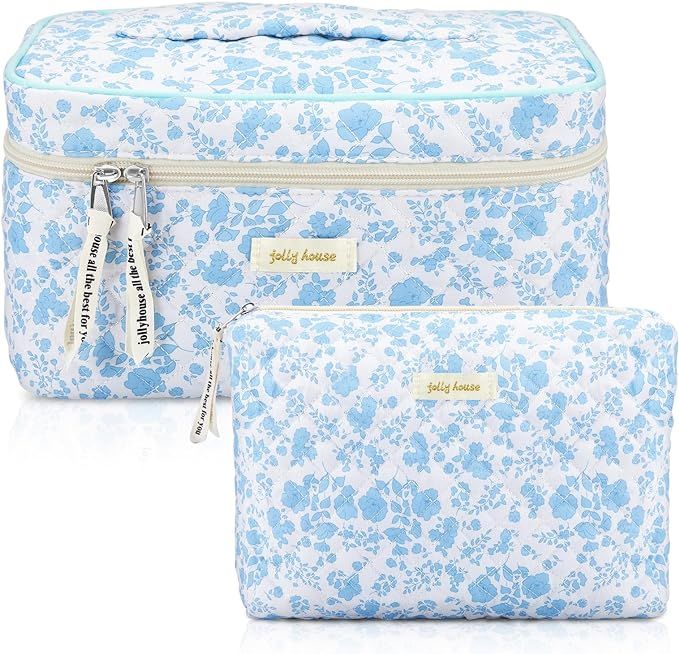 2 Pcs Large Travel Quilted Makeup Bag for Women, Cute Floral Cotton Toiletry Bag, Aesthetic Cherr... | Amazon (US)