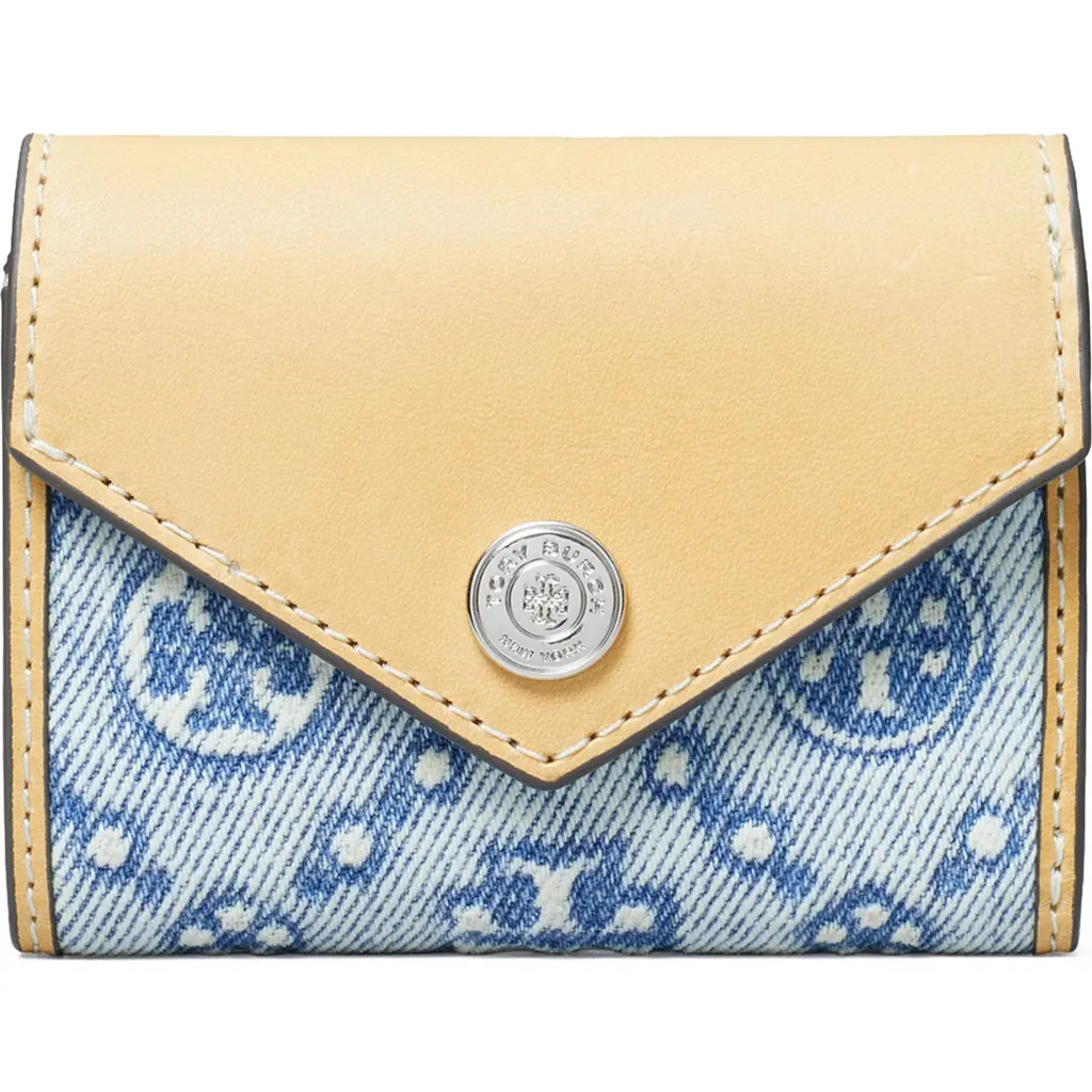 Tory Burch Key Item T Monogram Denim & Leather Wallet in Powder Blue at Nordstrom | Nordstrom