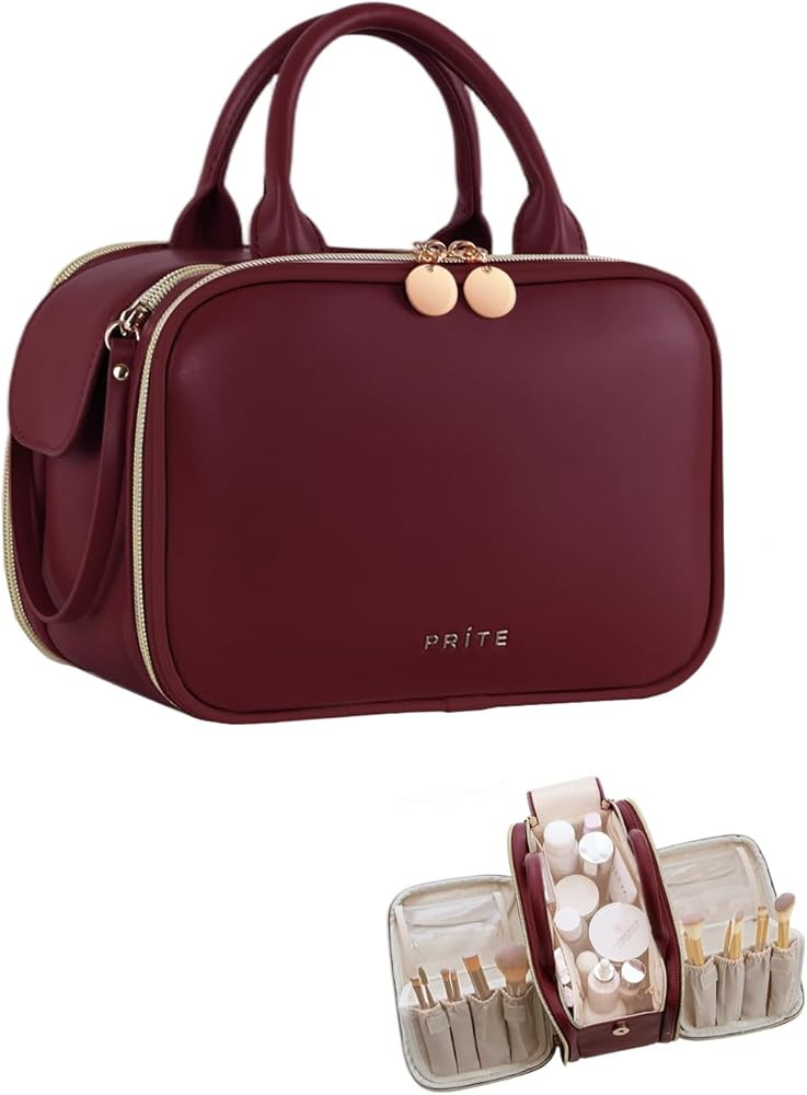 Prite Makeup Bag for Women, Large Capacity Waterproof Travel Cosmetic Organizer, Portable Open Fl... | Amazon (US)