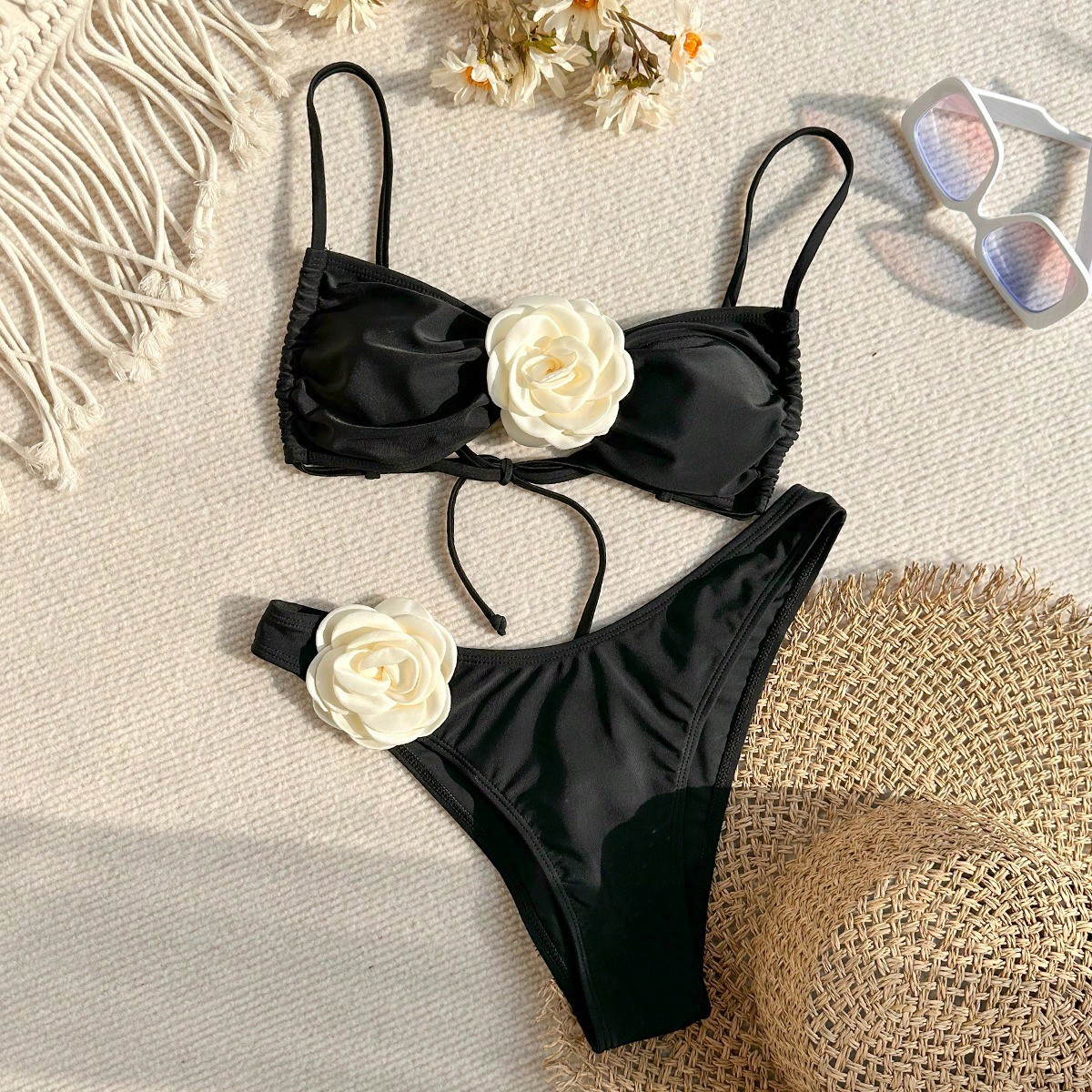 SHEIN Swim Summer Beach 3D Appliques Tie Back Bikini Set | SHEIN