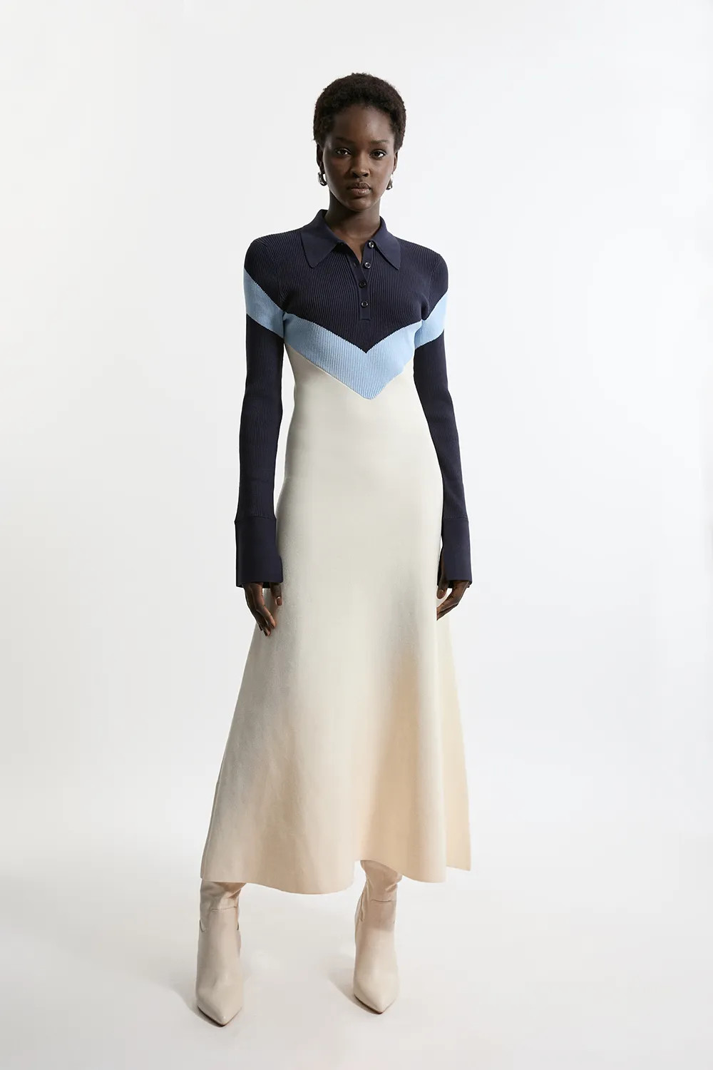 Navy Viscose Blend Rib Knit Polo Top Maxi Dress | Karen Millen USA | Karen Millen US