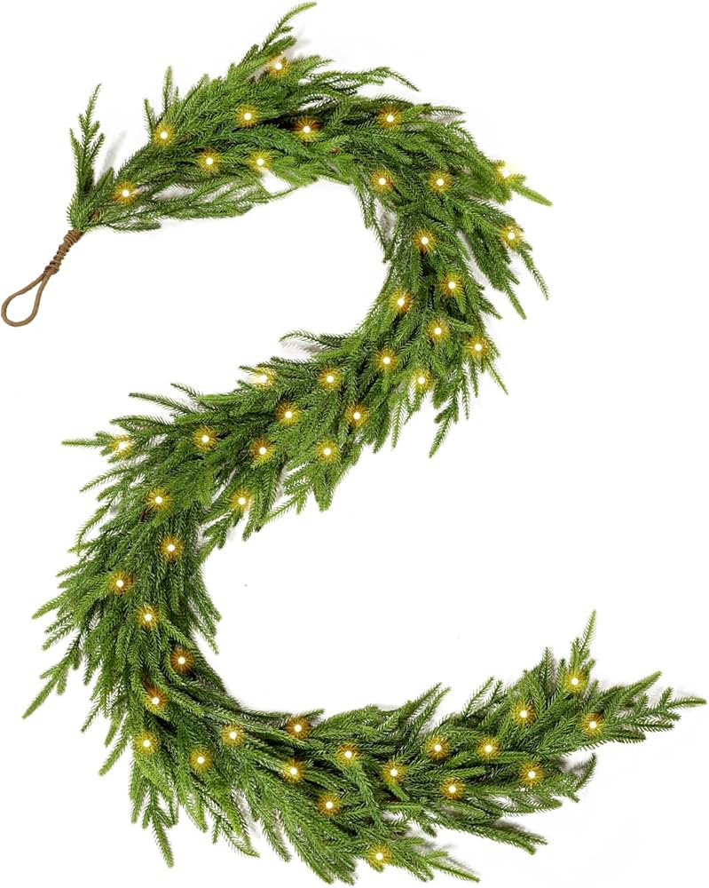 WBHome 6ft Pre-lit Real Touch Norfolk Pine Prelit Christmas Garland, Winter Greenery Garland for ... | Amazon (US)