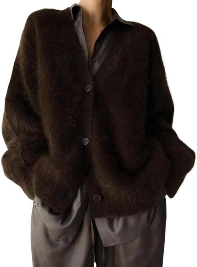 Womens Fuzzy Sweaters Cardigan V-Neck Button Down Oversized Mohair Sweater Casual Y2k 2025 Fall W... | Amazon (US)