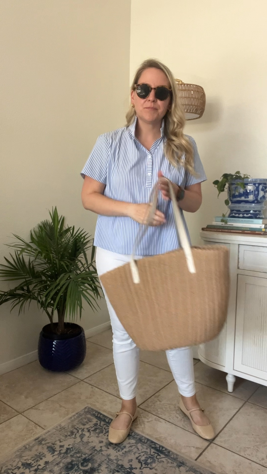 I’ve been in a serious outfit slump for the last few weeks after our move and enough is enough. Let’s break out the fun summer looks! ☀️

White jeans: My all-time favorites from Talbots 

Top: Tuckernuck (Runs roomy, size down)

Rattan Mary Janes: J.Crew 

Gold Mini Hoops: Tuckernuck 

Sunglasses: Amazon 

Tote: J.Crew 

Everything in my outfit, along with similar options, is linked in my @shop.ltk for easy browsing later 
•
•
•
•
•
•
preppy aesthetic • summer style • preppy outfit • coastal style • summer outfit • coastal granddaughter • grandmillennial style • Nancy Meyers outfit 

#mytalbots #tuckernucking #findthefun #injcrew #size8 #size8style #size10 #size10style