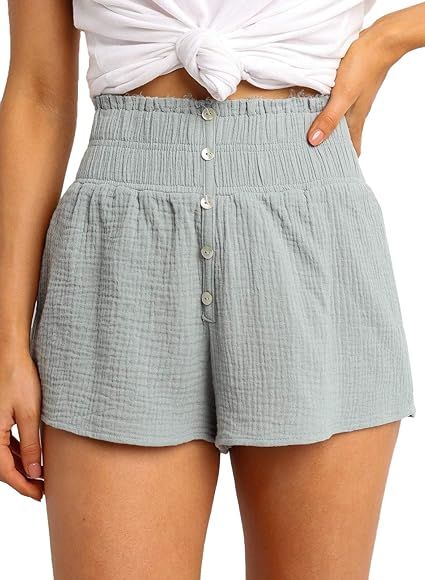 Dokotoo Womens Casual Summer Smocked Elastic Waist Comfy Button Detail Beach Shorts | Amazon (US)