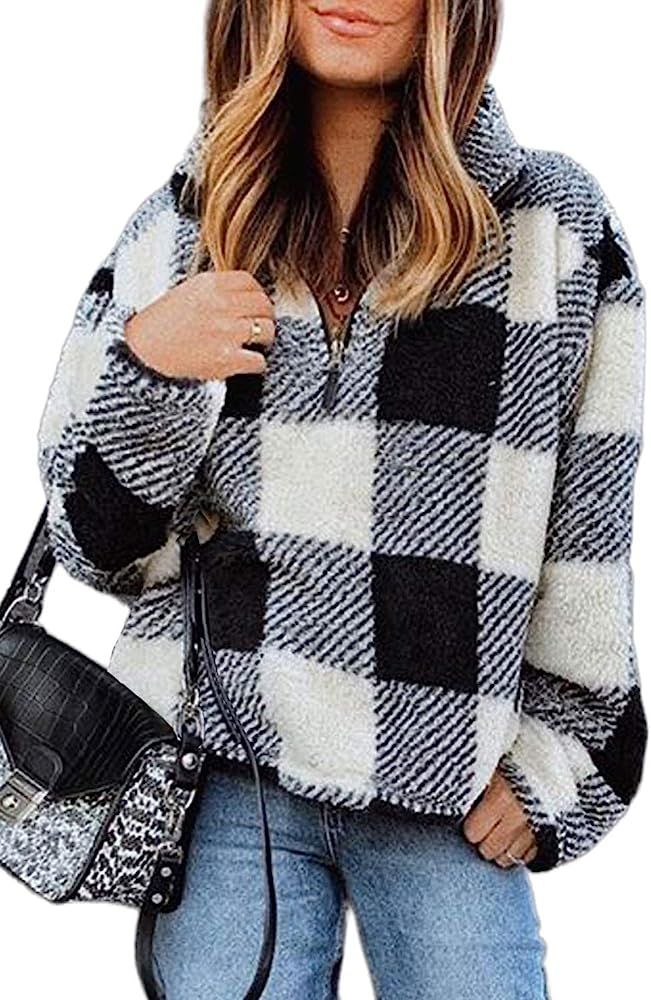 Womens Oversized Warm Fuzzy Hoodies Cozy Loose 1/4 Zipper Pullover Hooded Sweatshirt Outwear with... | Amazon (US)