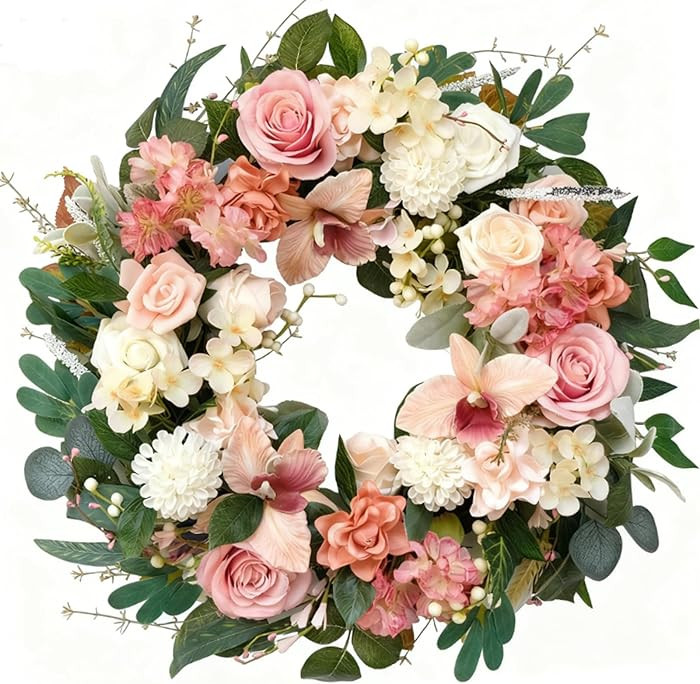 24 Inch Spring Everyday Pink Flower Wreath for Front Door, Soft Touch Pink Roses Peony Orchid Wre... | Amazon (US)