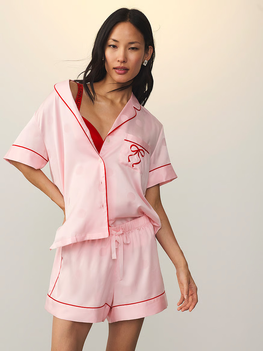 Buy Glazed Satin Short Pajama Set, Angel Pink Large Dot Jacquard W Pocket Graphic - Order Pajamas... | Victoria's Secret (US / CA )
