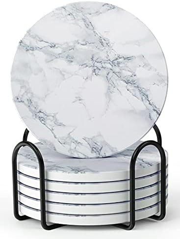 LIFVER Coasters for Drinks, White Marble-Style Absorbent Coasters with Holder, Housewarming Gifts... | Amazon (US)