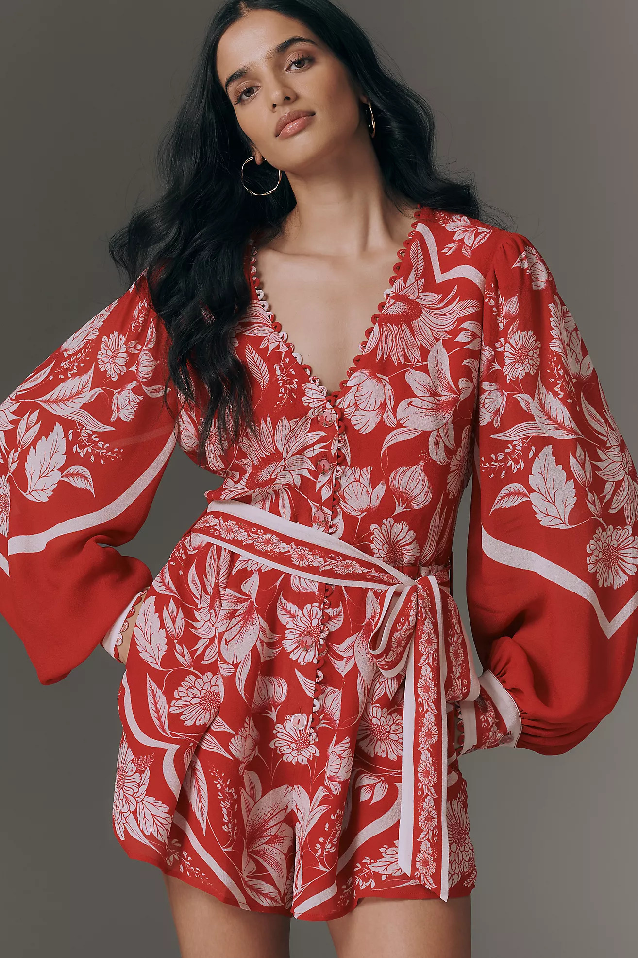 Anthropologie x Farm Rio Belted V-Neck Balloon-Sleeve Romper | Anthropologie (US)