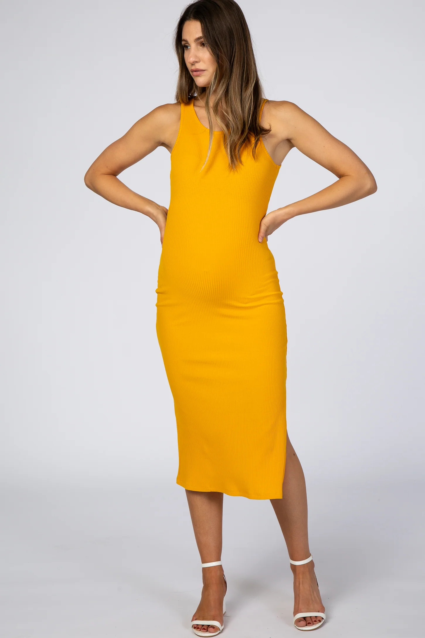 Yellow Ribbed Maternity Midi Dress | PinkBlush Maternity