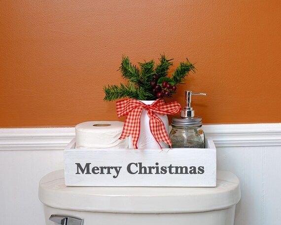 Contemporary Farmhouse "Merry Christmas" Bathroom Box w/ Painted Jar & Buffalo Check Ribbon - Chr... | Etsy (US)