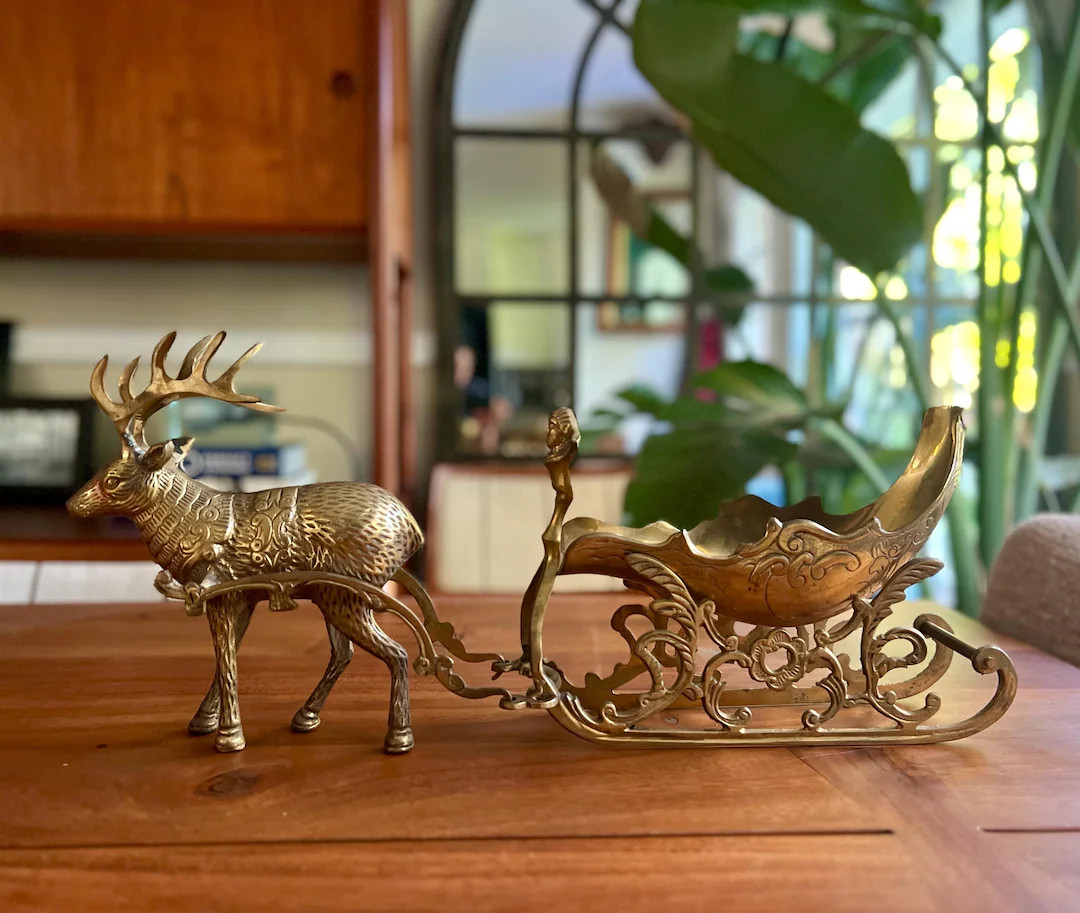 Vintage Brass Reindeer and Sleigh: Mid-century Modern Christmas Holiday Decor - Etsy | Etsy (US)