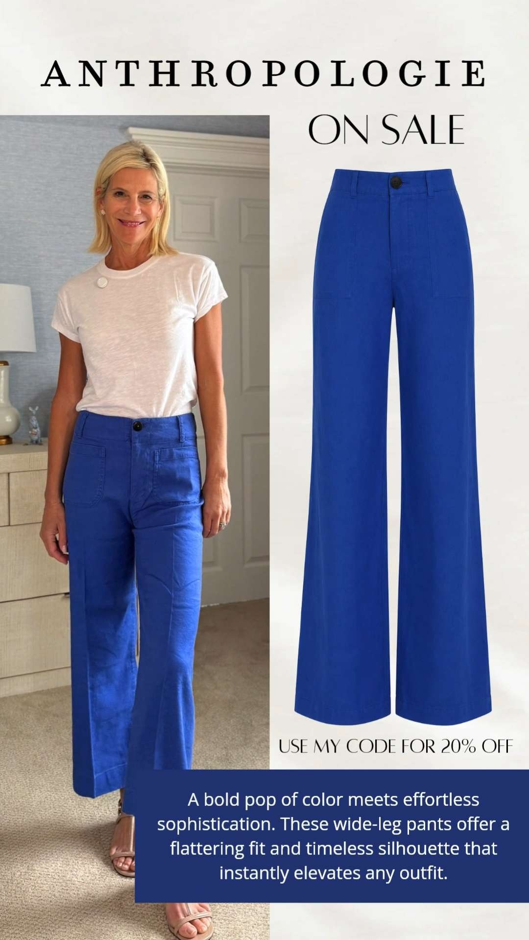 These blue wide-leg pants are such a fun way to add a pop of color to your wardrobe! I love pairing them with a simple white tee for an effortless look that's polished, comfortable, and easy to wear. Even better, they're 20% off with code ANGELA20!

❤️ Heart = Support my posts
📌 Save = Get sale & restock alerts
🛍️ Follow me on LTK for more effortless style. 

 #LTKootd #LTKOver40 #LTKSaleAlert