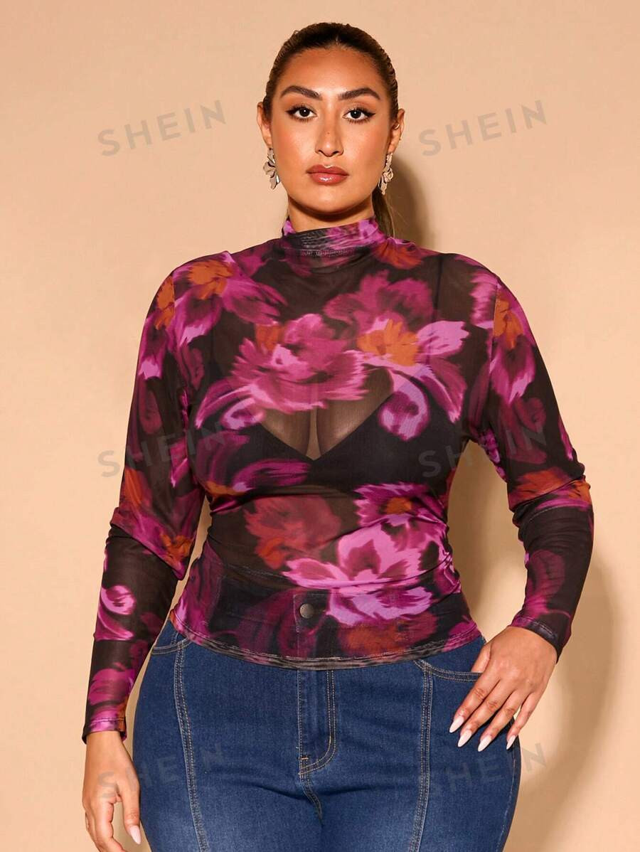 SHEIN BAE Plus Size Autumn Large Floral Pattern All-Over Mesh Printing See-Through High Collar Sw... | SHEIN