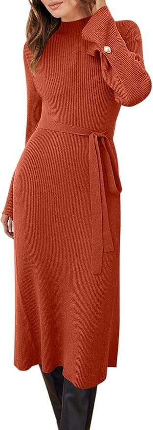 Caracilia Women's Bell Long Sleeve Sweater Dress Turtleneck A Line Bodycon Ribbed Knit Pullover M... | Amazon (US)