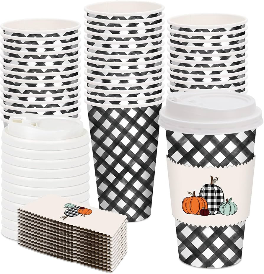 48 Set Fall Disposable Coffee Cups with Lids and Sleeves Plaid Pumpkin Paper Cups Fall Drinking C... | Amazon (US)