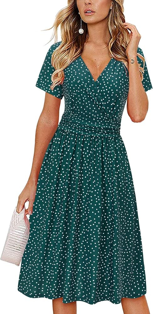 OUGES Casual Summer Dress for Women Wrap V Neck A Line Midi Dresses with Pockets | Amazon (US)