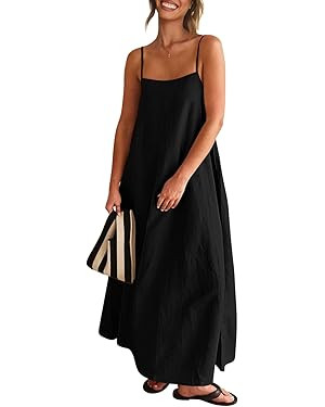 Senllen Women's Linen Dress Summer Loose Flowy Sundress Contrast Spaghetti Strap Sleeveless Backl... | Amazon (US)