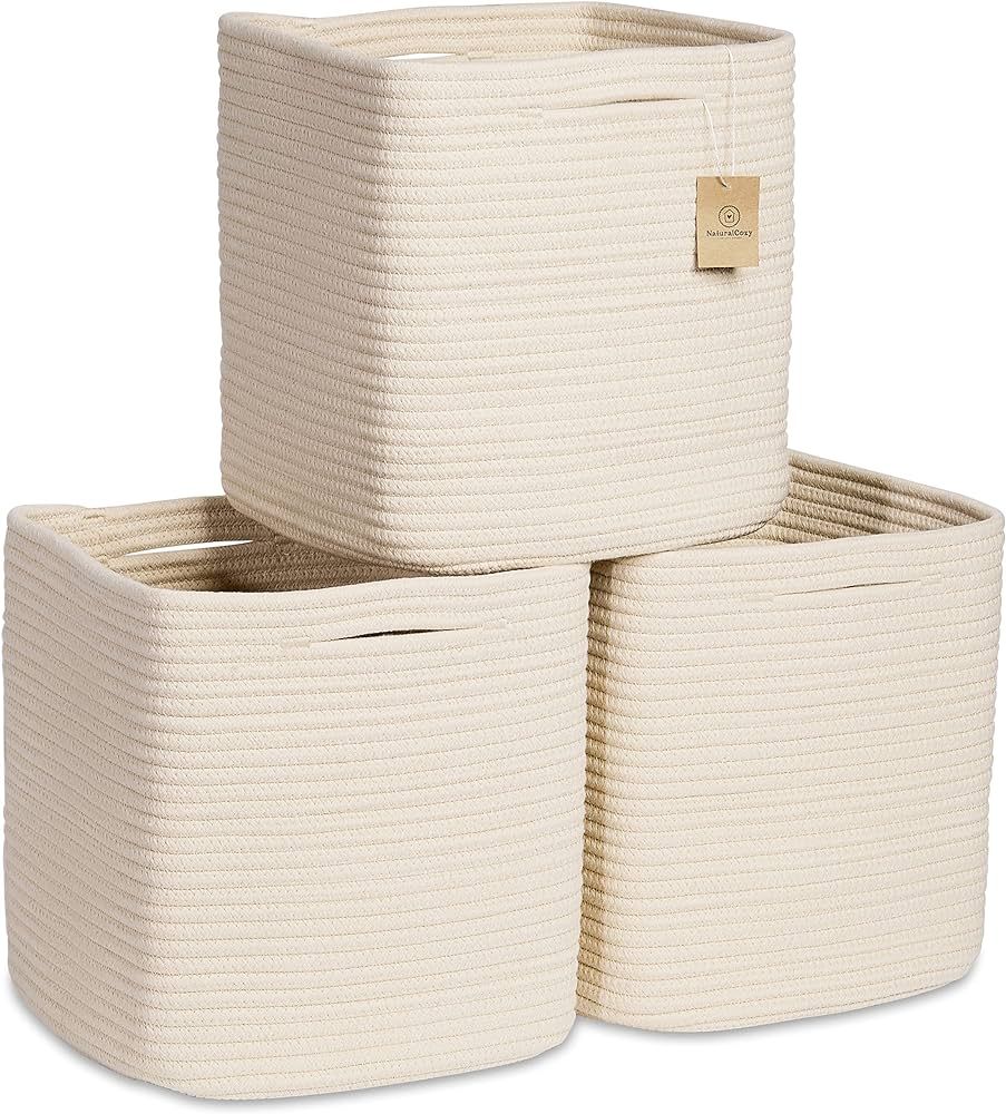 NaturalCozy Storage Cubes 11 Inch Cotton Rope Woven Baskets for Organizing, 3-Pack | Cube Storage... | Amazon (US)