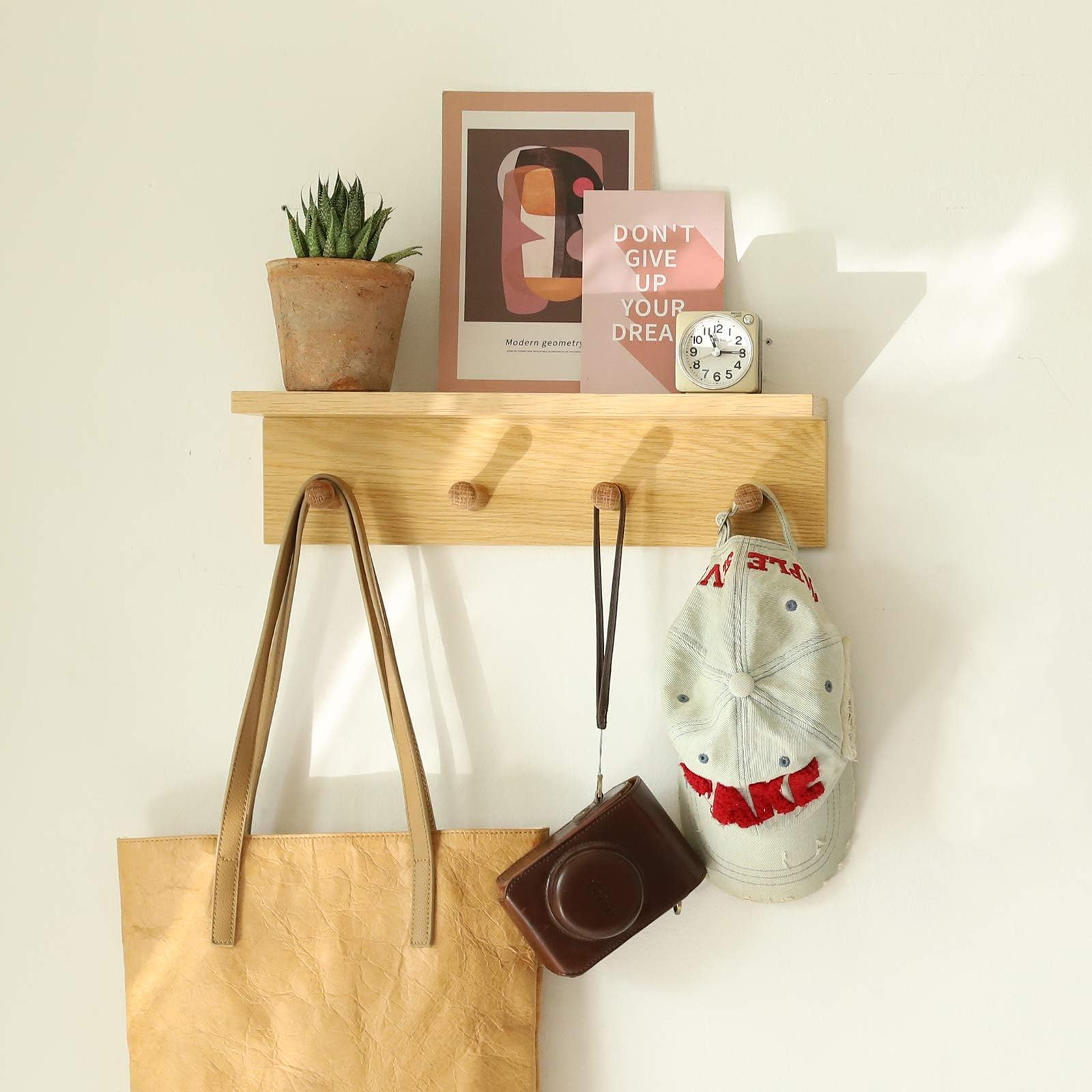Small Entryway Shelf with Hooks, Wall Mounted Coat Rack with Shelf for Small Spaces, Wooden Floating Wall Organizer for Entryway, Mudroom, Nursery, Bathroom & Kitchen (Oak Finish) | Amazon (US)