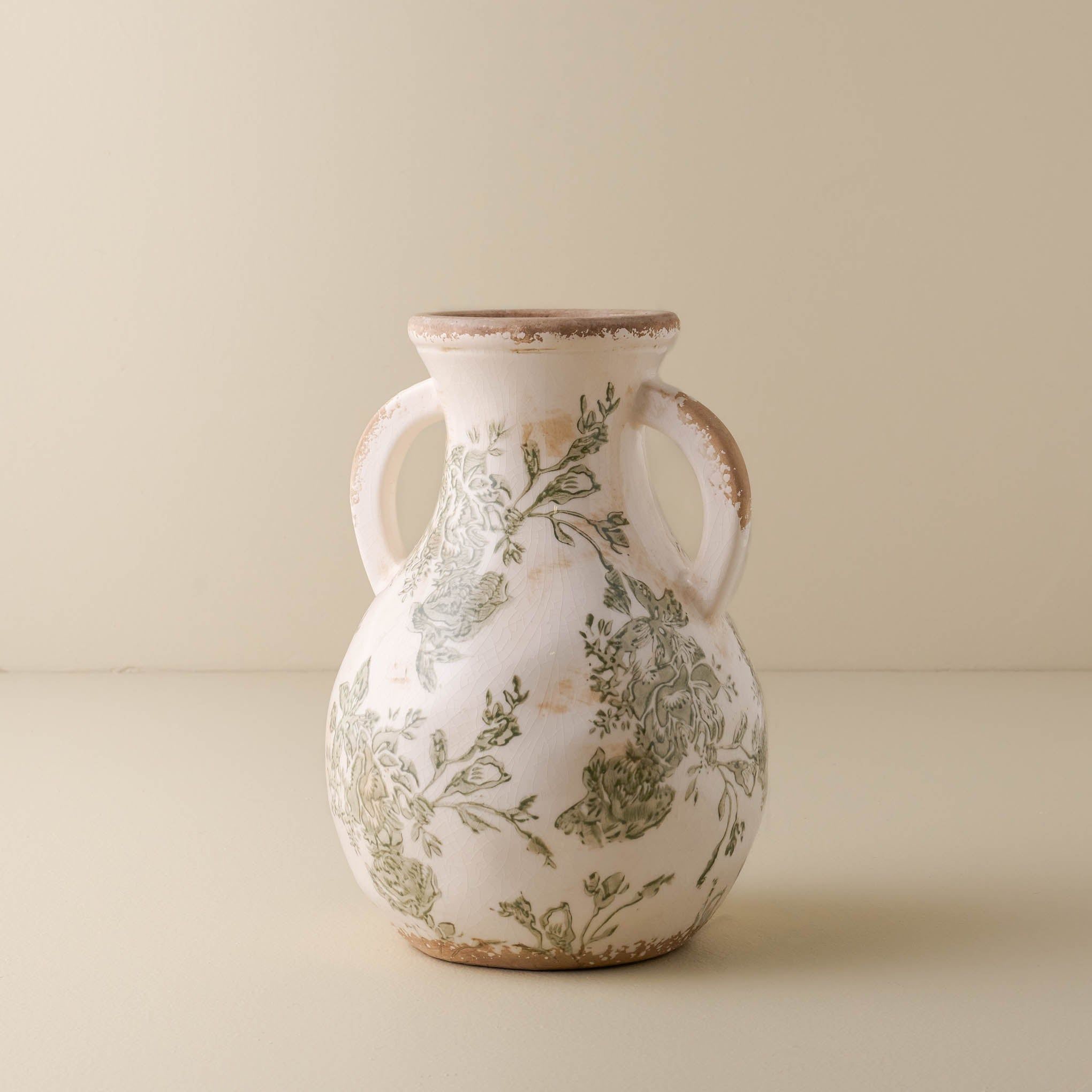 Green and White Distressed Vase with Handle | Magnolia