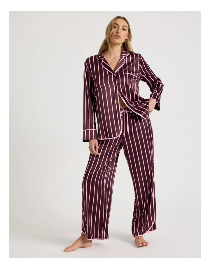 Chloe & LolaLuxe Satin Binding Long Sleeve Long PJ Set in Raisin & Pink Stripe Print | Myer