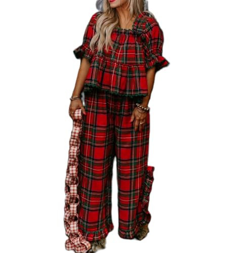 Argeousgor Women Christmas Pajamas Set Red Plaid Pjs Gingham Short Sleeve Babydoll Shirt Ruffle Pants 2 Piece Lounge Set | Amazon (US)