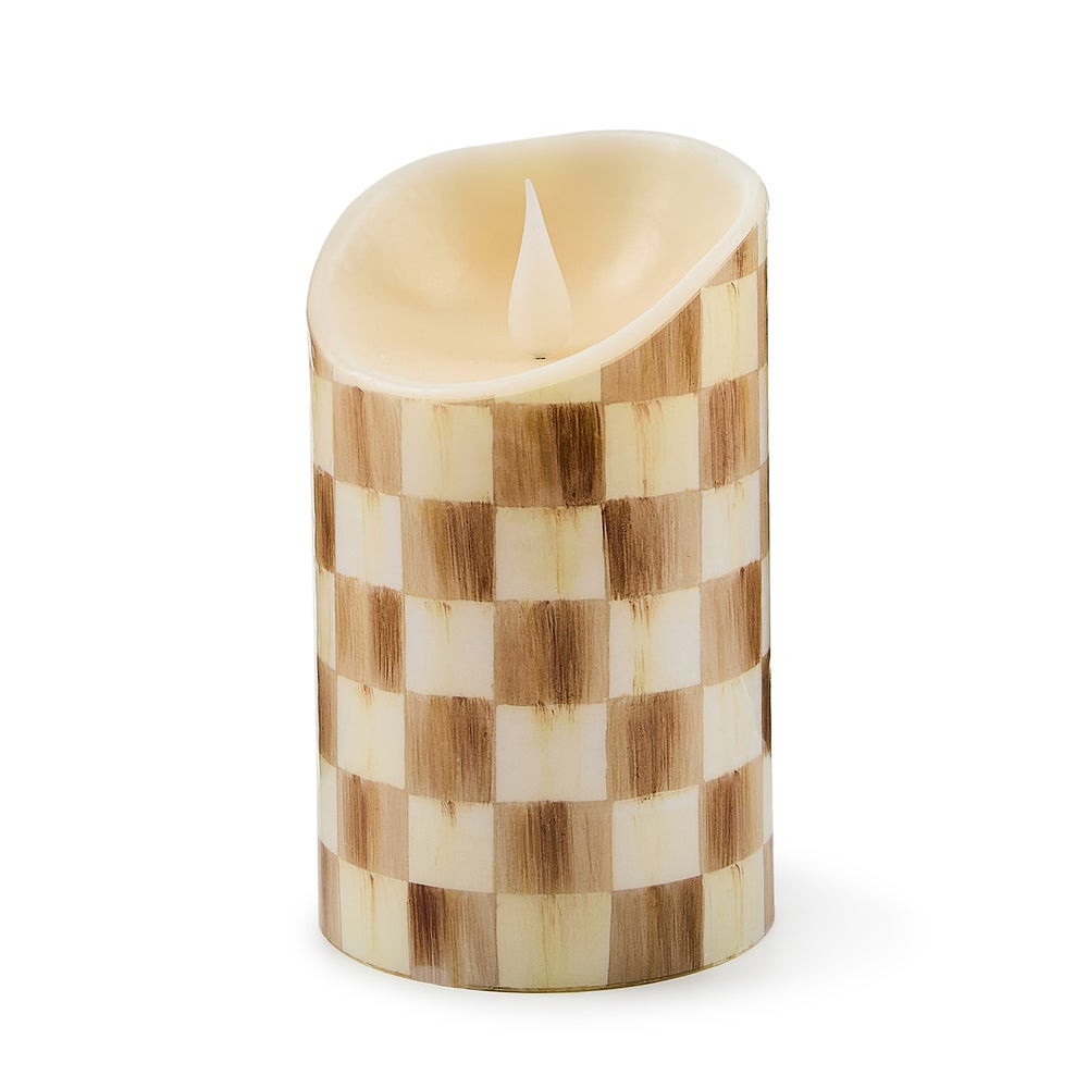 Mocha Check Flameless 5" Pillar Candle | MacKenzie-Childs