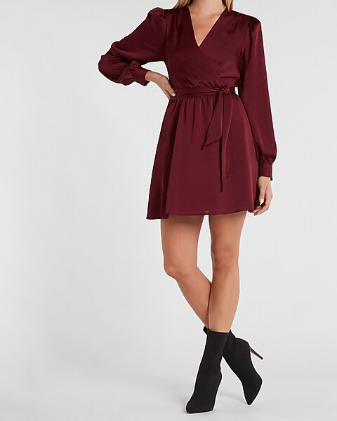 Satin Tie Waist Long Sleeve Mini Dress | Express