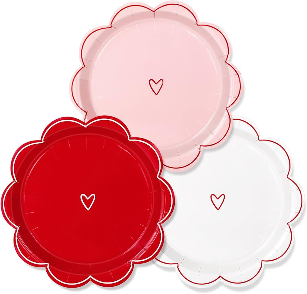 Valentine's Day Paper Plate Scalloped Heart Disposable Plate Red Pink White 9 Inch Tableware Dinn... | Amazon (US)