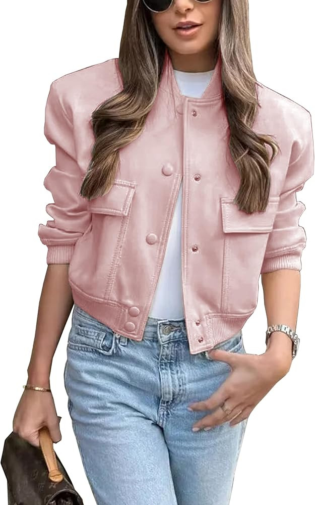 Lumister Women's Fashion Cropped Button Down Lightweight Cropped Bomber Jacket Varsity Shacket wi... | Amazon (US)
