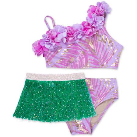 Two Piece Hula Bikini w/Fringe Skirt Girls 3-10 Lavender | Shade Critters