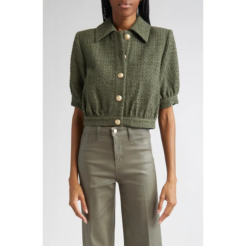 L'AGENCE Cove Short Sleeve Tweed Crop Jacket in Beetle at Nordstrom, Size 00 | Nordstrom