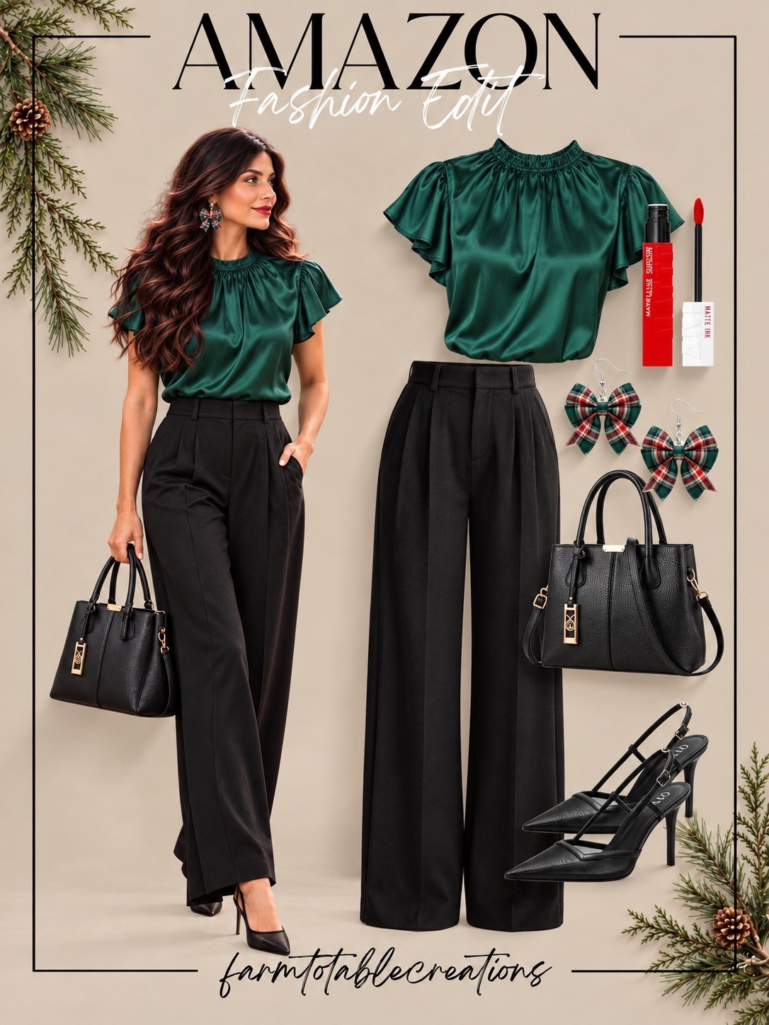 Amazon Office Christmas Party Outfit 🎄💚

This office Christmas party outfit is festive, polished, and still perfectly work-appropriate. The emerald satin blouse brings in that gorgeous holiday color, while the black wide-leg trousers keep the look sleek and sophisticated.

Finish it with pointed black heels, a structured black handbag, plaid bow earrings, and a classic red lip for just the right amount of Christmas flair. Perfect for an office party, holiday luncheon, work dinner, or after-hours celebration.

Follow @farmtotablecreations on Instagram for more cozy home finds and trending decor.

#LTKStyle #LTKFashion #AmazonFashion #AmazonFinds #AmazonStyle #OfficeChristmasParty #HolidayWorkwear #ChristmasPartyOutfit #WorkPartyStyle #HolidayOutfit #EmeraldGreen #FestiveWorkwear #WideLegPants #ChristmasFashion #HolidayStyle

#LTKOver40 #LTKSeasonal #LTKmomlife