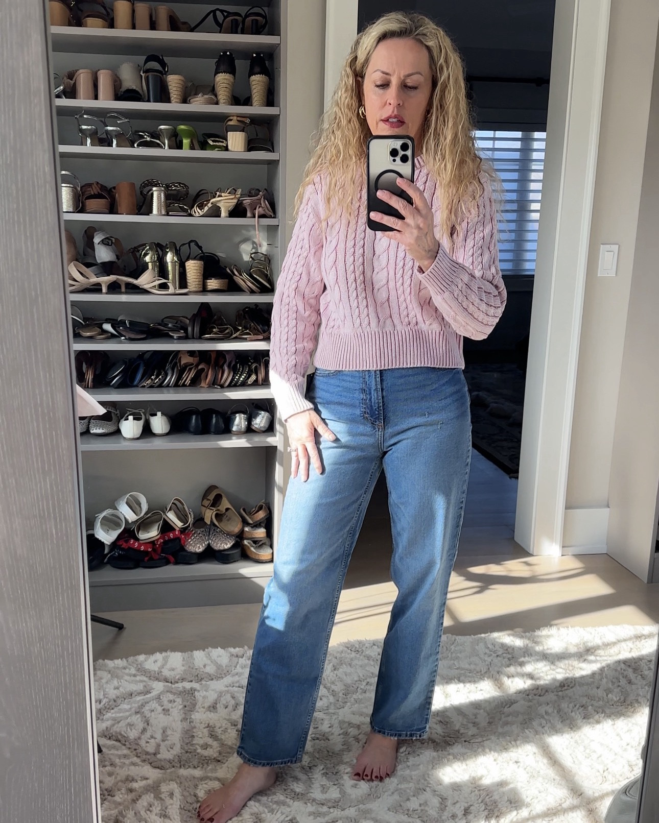 Target sweater and straight leg jeans. Jeans are high rise, lightweight, fit great. I’m about 5’8” and I feel like they’re borderline too short. 
Sweater is a perfect for spring!


#LTKOver40 #LTKSaleAlert #LTKgrwm