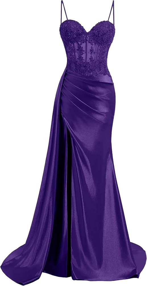 Satin Mermaid Prom Dress with Slit Spaghetti Strap Lace Pleated Sweetheart Long Formal Evening Pa... | Amazon (US)