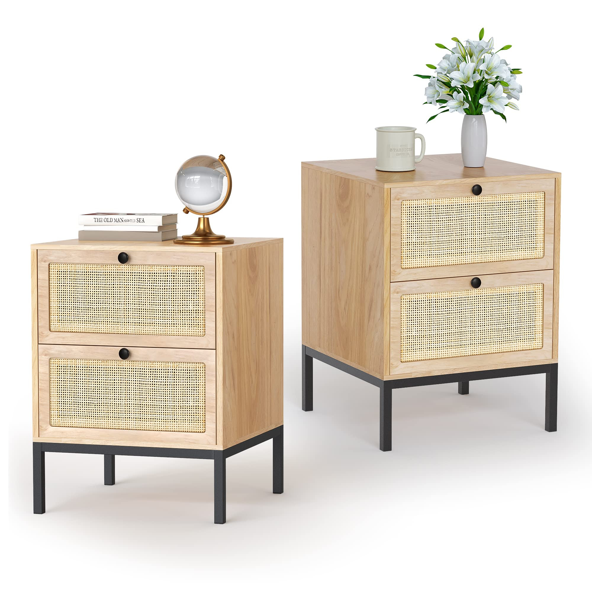 Rattan Nightstand Set of 2, Boho Bedside Table with Natural Rattan Decorated Drawers, Modern Farm... | Amazon (US)