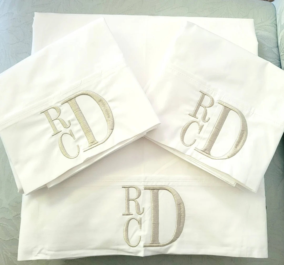 Monogrammed White Sheet Set Custom Embroidery Monogrammed Bedding Queen Twin Full King silver Sta... | Etsy (US)