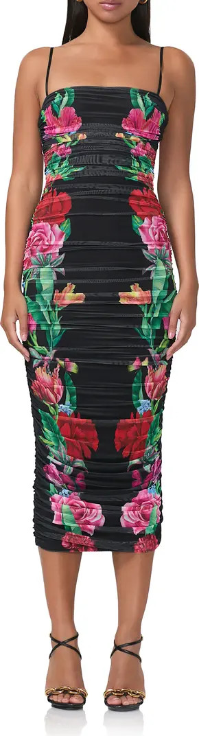 Hazel Print Ruched Mesh Midi Dress | Nordstrom