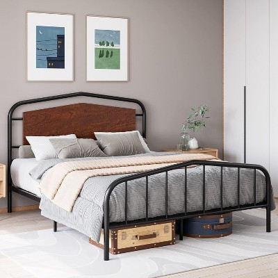Metal Queen Bed Frame with Wooden Headboard, Wrought Iron Metal Platform Bed Frame, Under Bed Storage, No Box Spring Required, Easy Assembly, Brown | Target