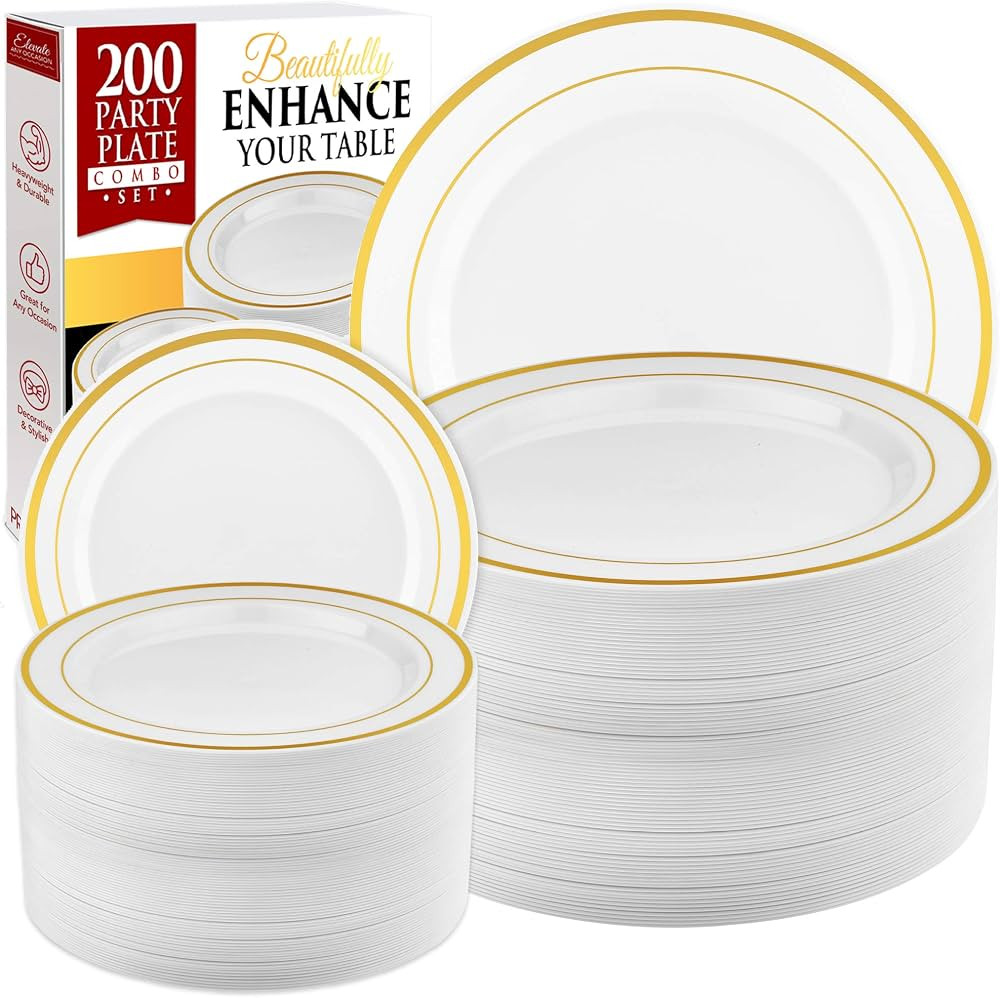Prestee 200pc Gold Plastic Plates - 100 Dinner Plates & 100 Salad Plates, White + Gold-Rimmed Par... | Amazon (US)