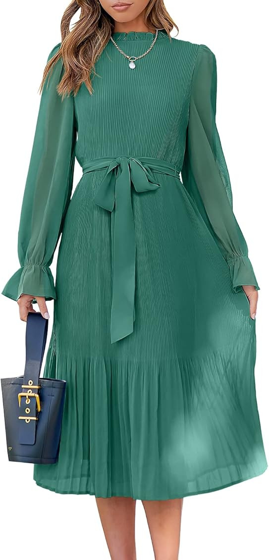 ANRABESS Women's Floral Midi Dress Puff Long Sleeve Ruffle Trim Smocked A-line Pleated Swing Chif... | Amazon (US)