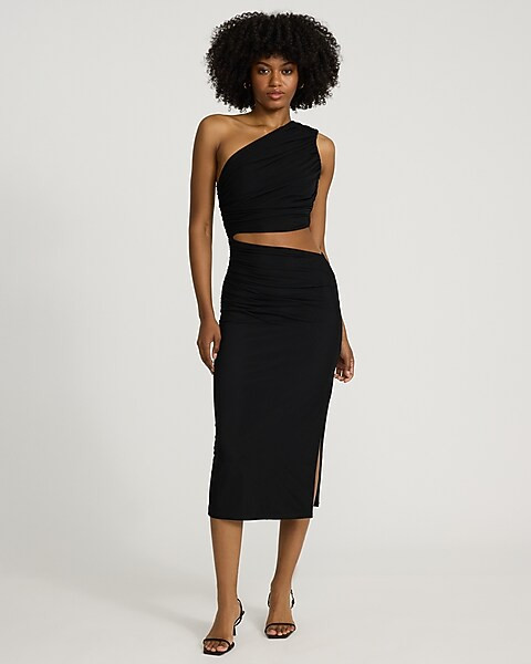 Mesh One Shoulder Ruched Cutout Midi Sheath Dress | Express