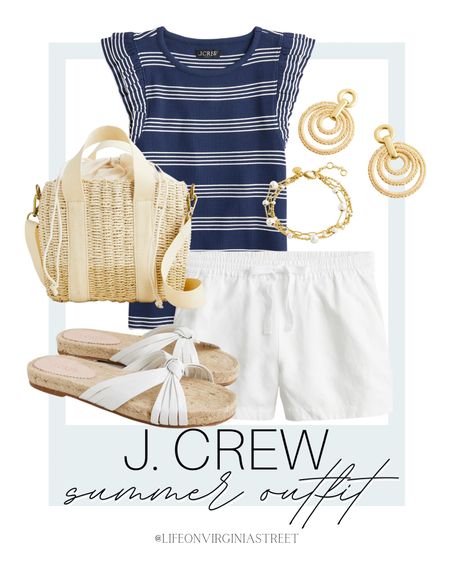 J. Crew summer outfit inspiration! Take an extra 60% off of sale styles this weekend! Loving this striped navy top, white shorts, white sandals, jewlery and handbag. 

summer outfit, summer outfit inspiration, summer styles, summer finds, summer tops, j. crew, j. crew fashion, sandals, coastal style, sale, Memorial Day sale, weekend sale 

#LTKSeasonal #LTKFind #LTKstyletip