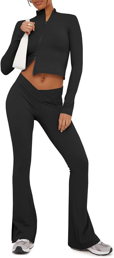 Fisoew Womens Workout 2 Piece Outfits Zip Up Long Sleeve Sweatshirt Side Slit Flared Yoga Pants T... | Amazon (US)